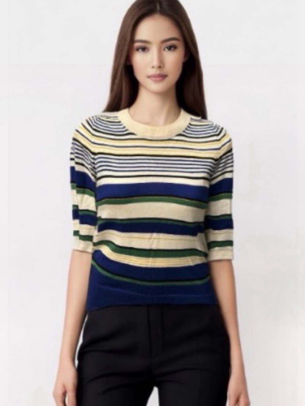 J. Crew Blue Green Ivory Striped Merino Wool Lightweight Sweater - Size Small